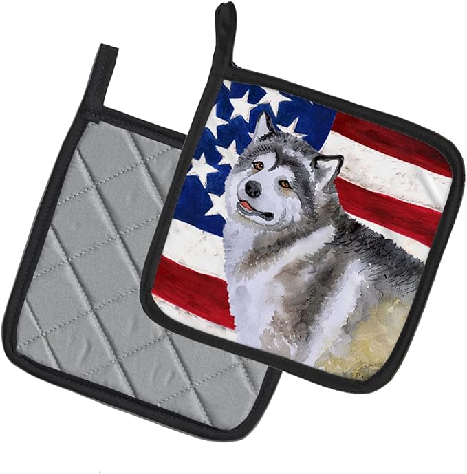 Caroline's Treasures BB9638PTHD Alaskan Malamute Patriotic Pair of Pot Holders Kitchen Heat Resistant Pot Holders Sets Oven Hot Pads for Cooking Baking BBQ, 7 1/2 x 7 1/2