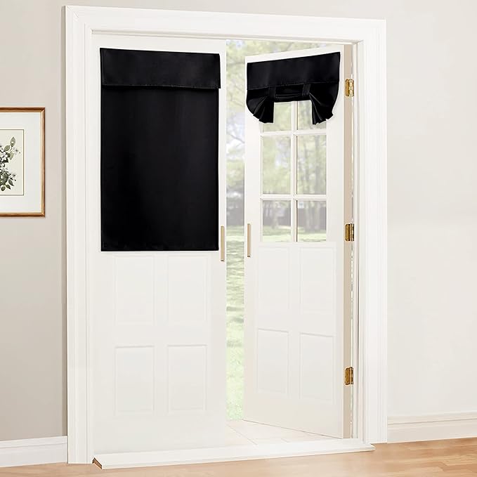 RYB HOME Blackout French Door Curtain, Small Window Drape Thermal Insulated for Kitchen Back Door Classroom Lockdown Garage Half Glass, No Drill Adhesive Privacy Blind, W26 x L40 inch, 1 Panel, Black