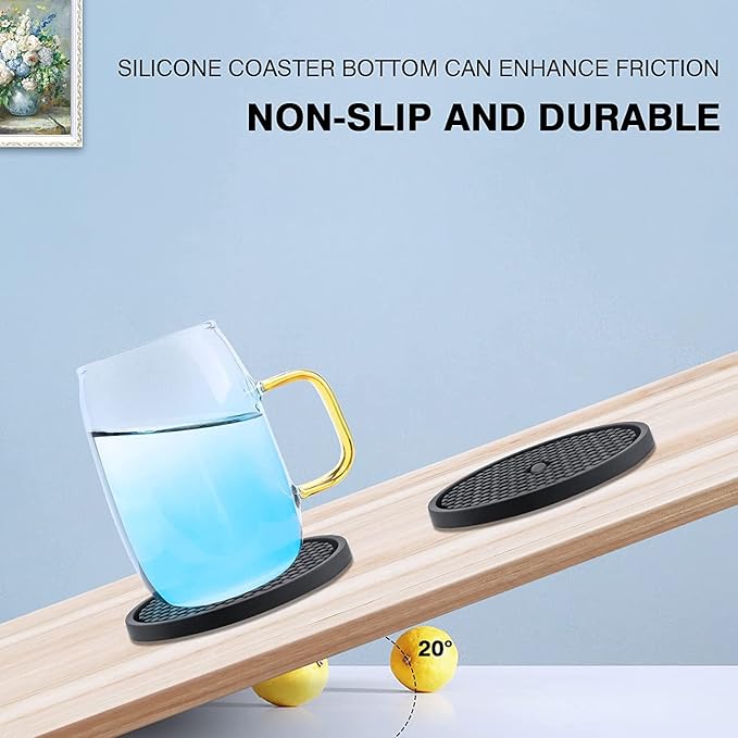 Silicone Coasters for Drinks, Non‑Slip Spill‑Proof Heat Resistant Coasters Set of 4, Reusable Washable Table Protection for Home Decor Kitchen Office, Bar(4Pack,Black)