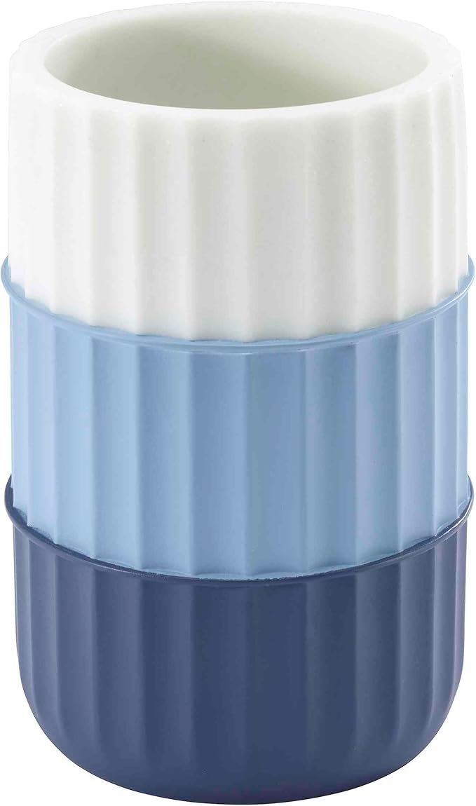 Izod - Bathroom Set, 4pc Countertop Accessories, Tumbler, Toothbrush Holder, Soap Dish & Lotion Pump, Striped Resin Decor, Dorm Room Essentials (Clubhouse Collection, Blue)