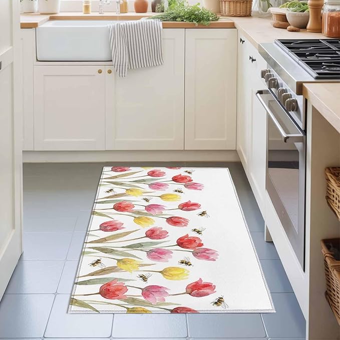 Area Rug 2x3ft, Red Pink Yellow Tulips Bees Washable Rugs for Living Room Bedroom, Watercolor Flower Leaves Soft Non-Slip Area Rugs Rectangle Floor Carpet for Dining Room