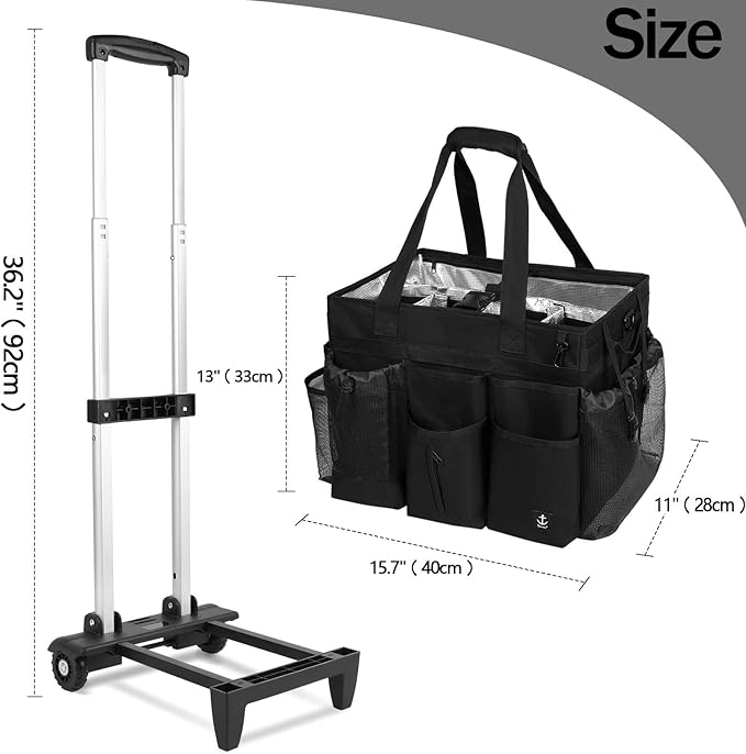 Extra large Rolling Cleaning caddy bag Built-in Hard Support Board,Cleaning Cart with Detachable Trolley, Housekeeping Cleaning caddy with Adjustable Shoulder Strap and Multiple Storage Pockets