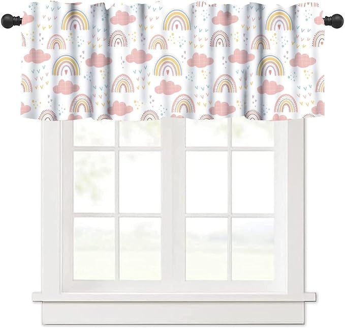 Rainbow Cloud Valance for Kids Girls Boys, Sweet Pink Boho Rainbow Arch Short Rod Pocket Window Treatment for Kitchen Bedroom Living Room Nursery Party, 54x18Inch