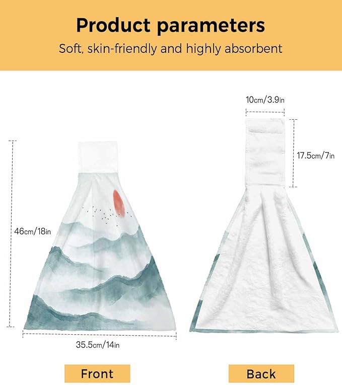 Alandar Home Kitchen Tie Towel Set of 1, Watercolor Mountains Landscape Absorbent Soft Hand Towels for Bathroom Hanging Towels, Asian Zen Painting Fast Drying Cleaning Cloth with Loop