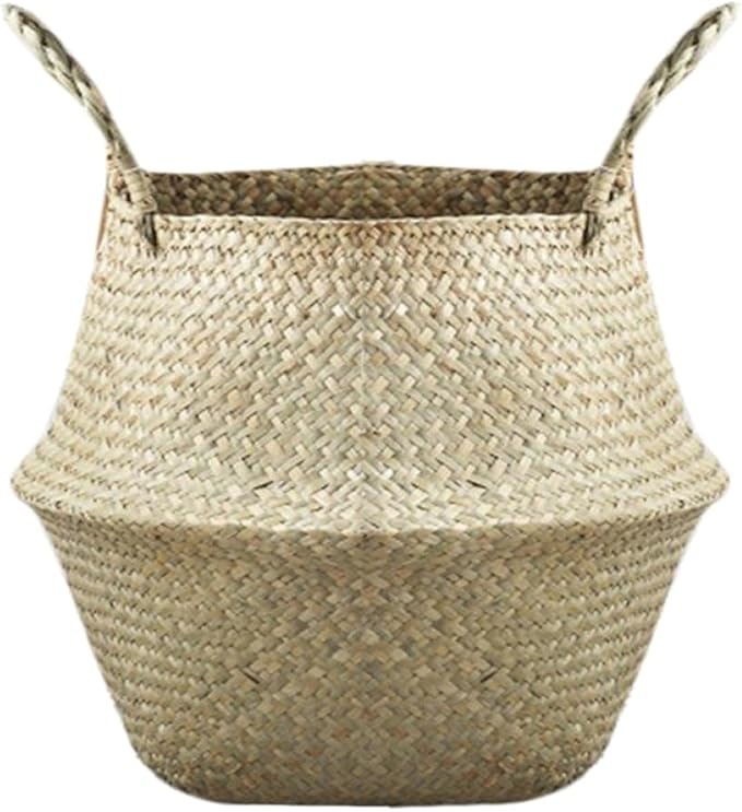 Portable Seagrass Woven Plant Vase Storage Basket with Handle for Home Decor Stylish Hand Basket for Indoor Plants Organizing and Decorative Storage