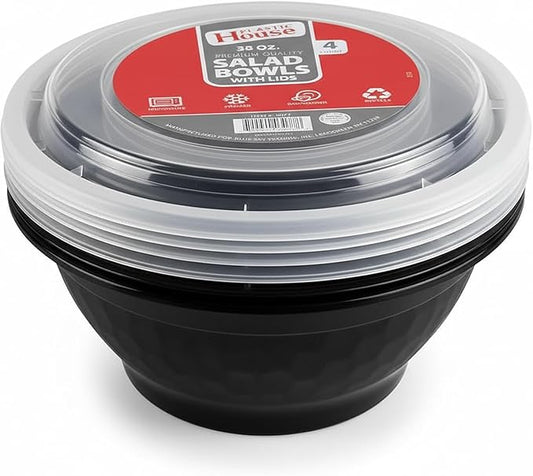 Plastic House Black Plastic Salad Bowls with Lids - 38 oz | Pack of 4