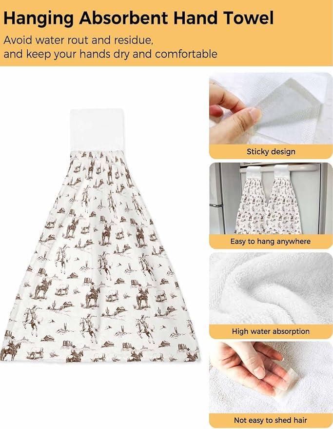 Alandar Home Kitchen Tie Towel Set of 1, Vintage Brown Cactus Horse on Beige Absorbent Soft Hand Towels for Bathroom Hanging Towels, Western Cowboy Desert Fast Drying Cleaning Cloth with Loop