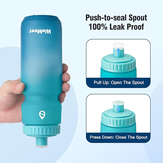 WEMEET 24oz Cycling Sports Bottle, Fits Most Bike Cages, LeakProof, BPA Free, Mountain Bike Squeeze Bottle with Capacity Scale, for Gym, Travel,Hiking (Black & Green Blue, 2 Pack)