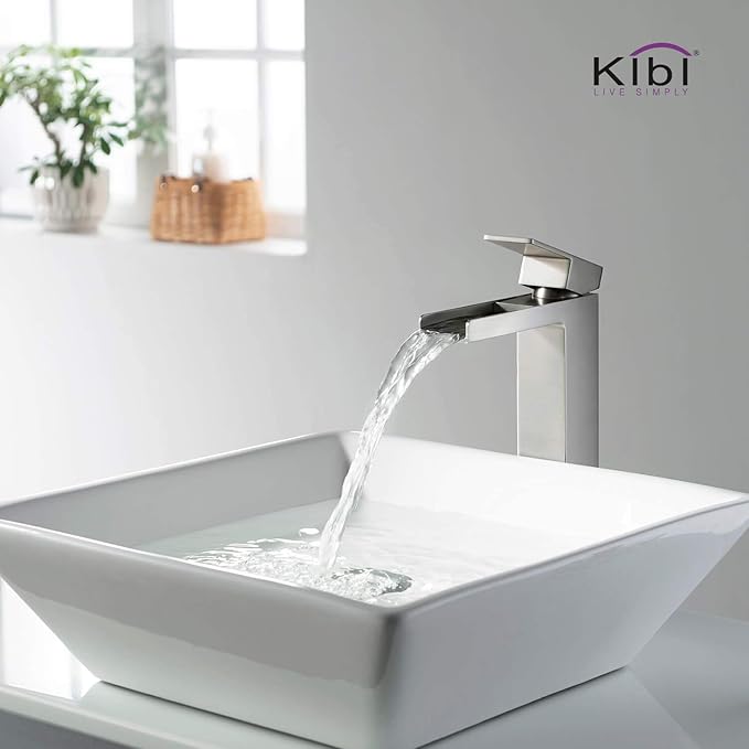 KIBI Waterfall Bathroom Sink Faucet | Single Handle Brass Vanity Faucet with Water Supply Hose | Durable Brass Construction and Smooth Water Flow - Brushed Nickel, KBF1005