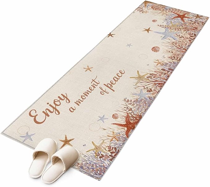 Runner Rug for Bedroom Hallway, Orange Marine Starfish Coral Seaweed Kitchen Runner Rugs Area Rug 2x6ft, Peace Quote on Linen Washable Soft Floor Carpet for Entryway Stair
