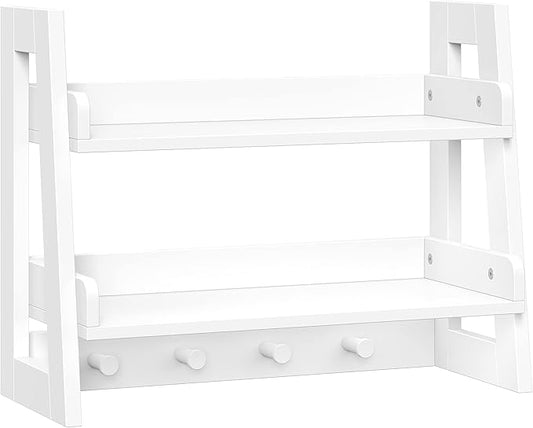 RiverRidge 2-Tier Ladder Shelf with Hooks - Versatile Storage Solution for Bathroom, Entryway, Nursery - White Painted Finish, Open Shelves & 4 Hanging Hooks – Easy Assembly Ladder Shelves