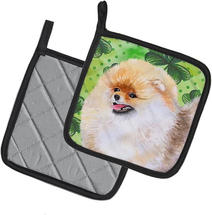 Caroline's Treasures BB9856PTHD Pomeranian St Patrick's Pair of Pot Holders, Green Kitchen Heat Resistant Pot Holders Sets Oven Hot Pads for Cooking Baking BBQ, 7 1/2 x 7 1/2
