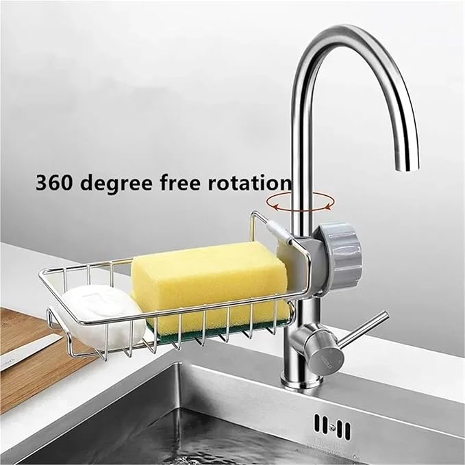 Adjustable Sink Faucet Shelf, Stainless Steel Over Faucet Drain Rack for Sponge Soap and Towel, Rotatable Kitchen Bathroom Organizer with Hooks(B)