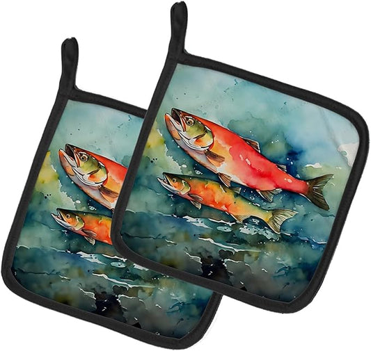 Caroline's Treasures Salmon Pair of Pot Holders Kitchen Heat Resistant Pot Holders Sets Oven Hot Pads for Cooking Baking BBQ, 7 1/2 x 7 1/2