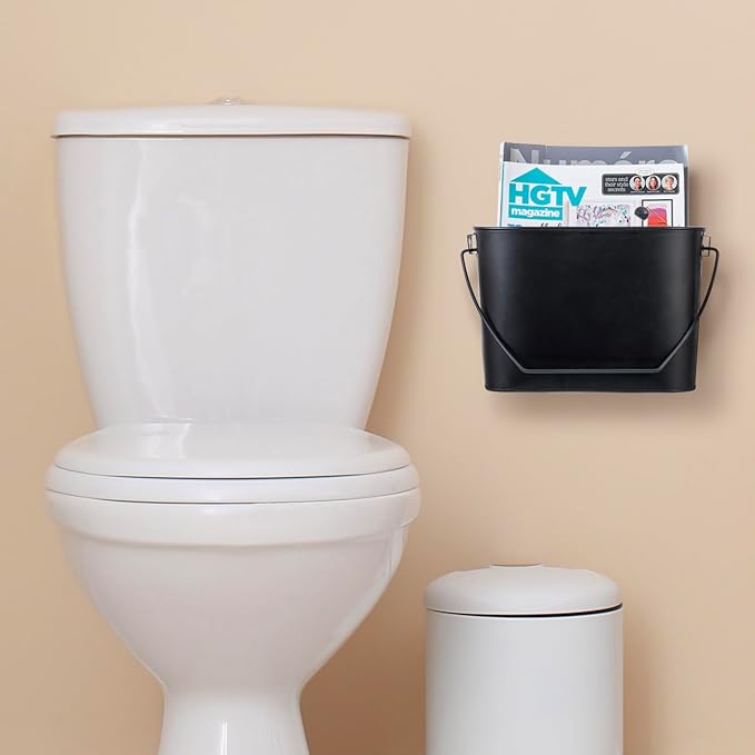 MyGift Modern Industrial Matte Black Metal Wall Mountable Bathroom Magazine Holder, Hanging or Tabletop Bucket Style Storage Bin - Handcrafted in India