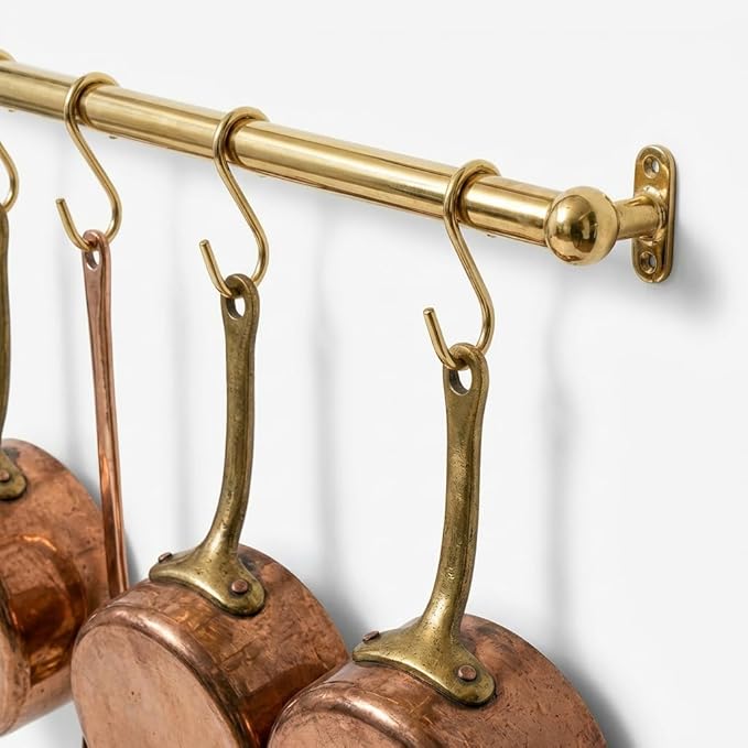 Solid Unlacquered Brass Pot Rail with S Hooks – Wall Mount Kitchen Pot Rack Rod – Vintage Heavy Duty Cookware Organizer for Pots, Pans & Hanging Utensils (20 inch (6 S-Hooks))