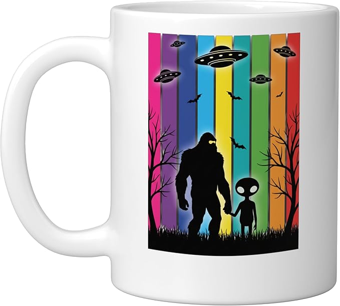Bigfoot Holding Hands With Alien Ufo Rainbow Sci Fi Ceramic Mug, White