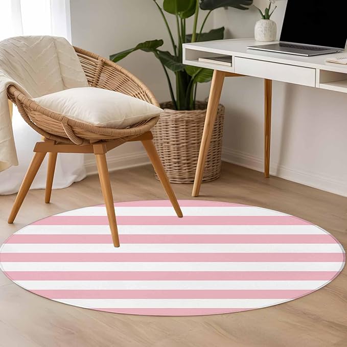 Washable Round Area Rug Pink White Stripe Circle Rugs Floor Carpet for Living Room Bedroom, Classic Geometric Line Soft Non Slip Round Rug 3ft