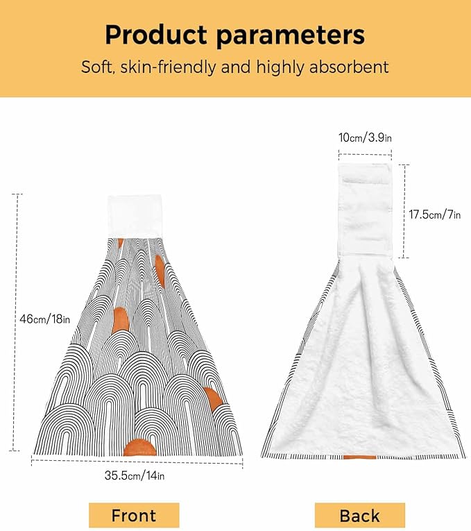 Alandar Home Kitchen Tie Towel Set of 1, Boho Abstract Black White Rounds Stripes Absorbent Soft Hand Towels for Bathroom Hanging Towels, Orange Polka Dots Fast Drying Cleaning Cloth with Loop