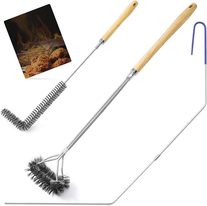 Fryer Cleaning Tools, 3 PCS Stainless Steel Deep Fryer Cleaning Tools, with Deep Fryer L-Shaped Brush, Long Handle Basket Brush and Fryer Cleanout Rod for Restaurants (Stainless Steel, Sliver)