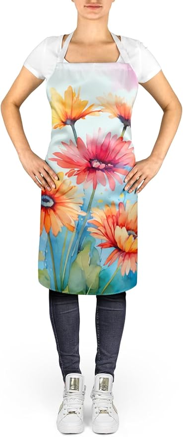 Caroline's Treasures Gerbera Daisies in Watercolor Apron Cooking Kitchen Server Baking Crafts Gardening for Adult Women Men, Unisex, Large, Multicolor
