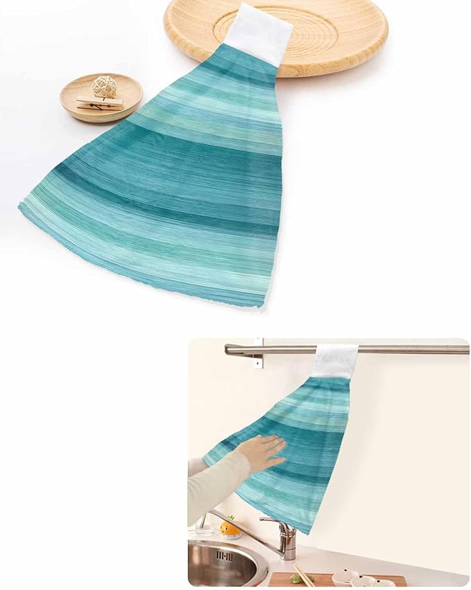 Alandar Home Kitchen Tie Towel Set of 1, Modern Cyan Green Gradient Stripes Absorbent Soft Hand Towels for Bathroom Hanging Towels, Abstract Lines Fast Drying Cleaning Cloth with Loop