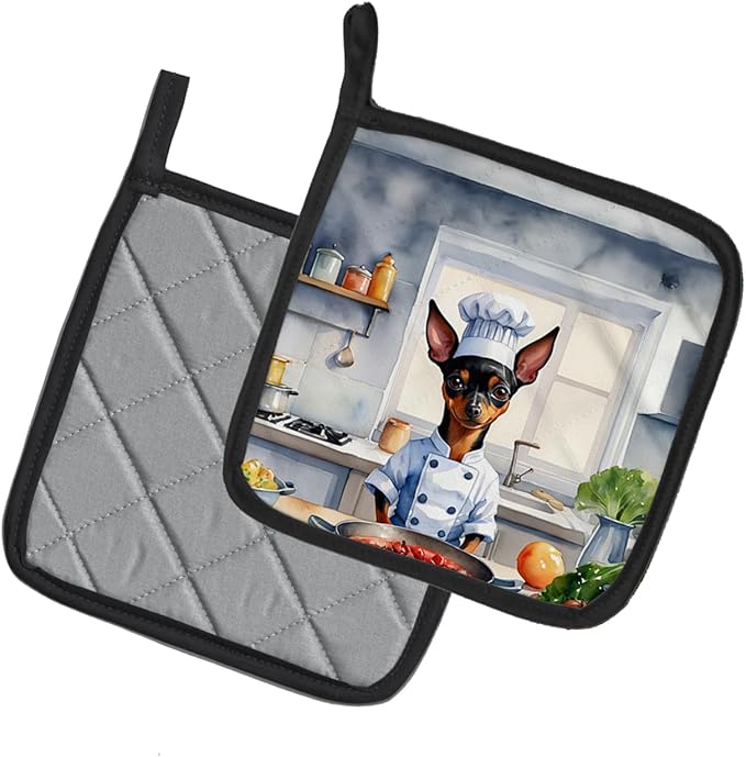 Caroline's Treasures Miniature Pinscher The Chef Pair of Pot Holders Kitchen Heat Resistant Pot Holders Sets Oven Hot Pads for Cooking Baking BBQ, 7 1/2 x 7 1/2