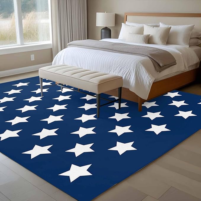 Area Rug 6x9ft, 4th of July White Star on Navy Blue Washable Rugs for Living Room Bedroom, Independence Freedom Liberty Soft Non-Slip Area Rugs Rectangle Floor Carpet for Dining Room