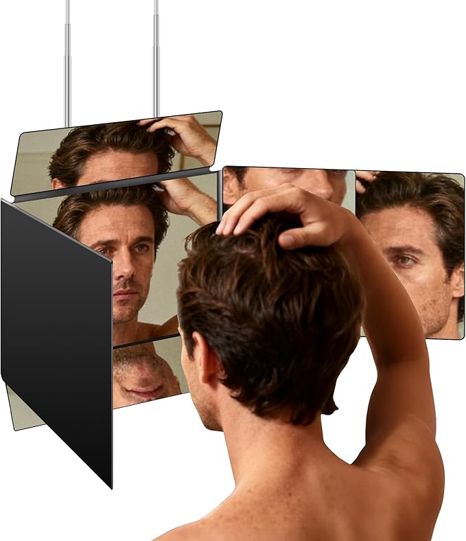 LMZNXCZ 5 Way Mirror for Self Hair Cutting, 360 Haircuts Mirror Men for Barber Use Tools, to See Back of Head, Tri Fold with Portable Height Adjustable Telescoping Hooks