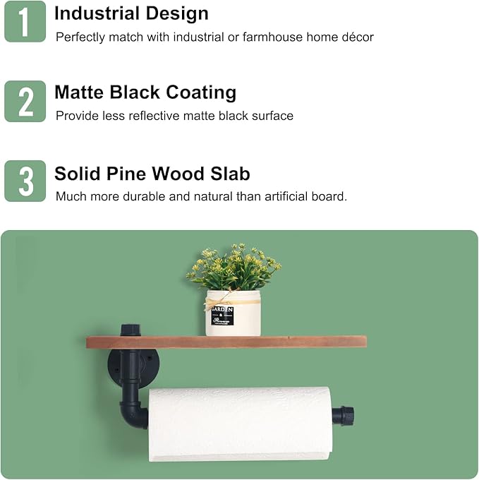 HouseAid Industrial Pipe Paper Towel Holder with Shelf, Rustic Farmhouse Paper Towel Rack for Bathroom, Kitchen, Wall Mounted, Matte Black
