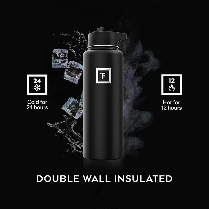 IRON °FLASK Camping & Hiking Hydration Flask with Straw, Wide Mouth Insulated Stainless Steel Sports Water Bottle - Morning Mist 40 oz - Straw (1 Lid)