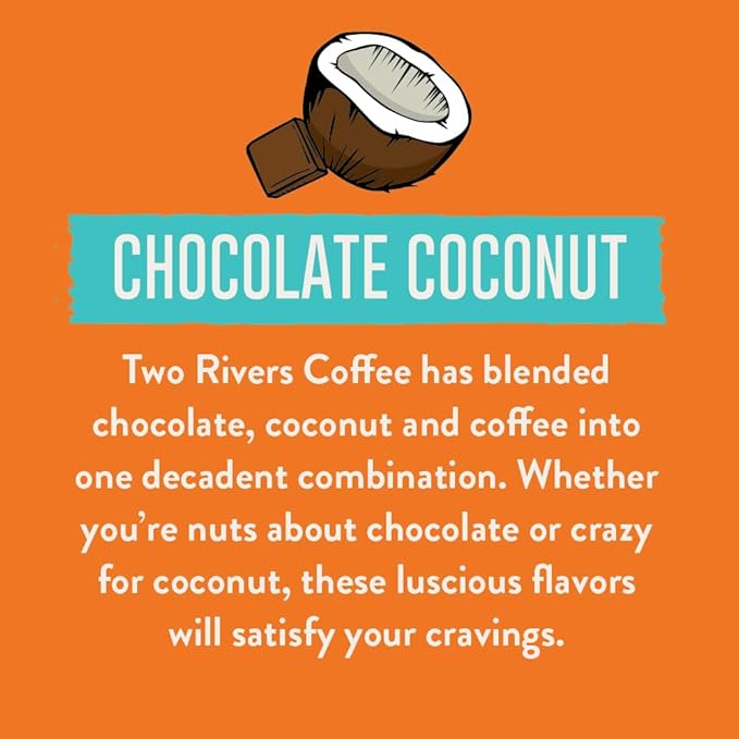 Two Rivers Coffee Chocolate Coconut Flavored Ground Coffee, Perfectly Balanced, Always Smooth, Made with 100% Arabica Beans - Flavor Enhanced, 10 Ounce Bag