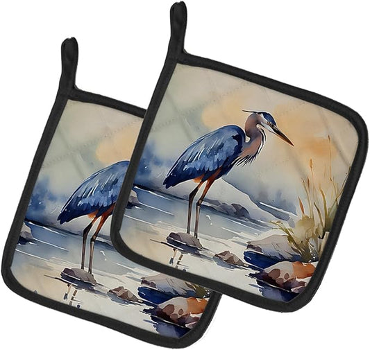 Caroline's Treasures Blue Heron Pair of Pot Holders Kitchen Heat Resistant Pot Holders Sets Oven Hot Pads for Cooking Baking BBQ, 7 1/2 x 7 1/2