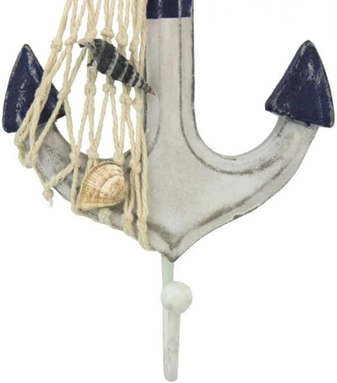 Handcrafted Model Ships Wooden Rustic Decorative Blue and White Anchor with Hook 7" - Nautical Decorati