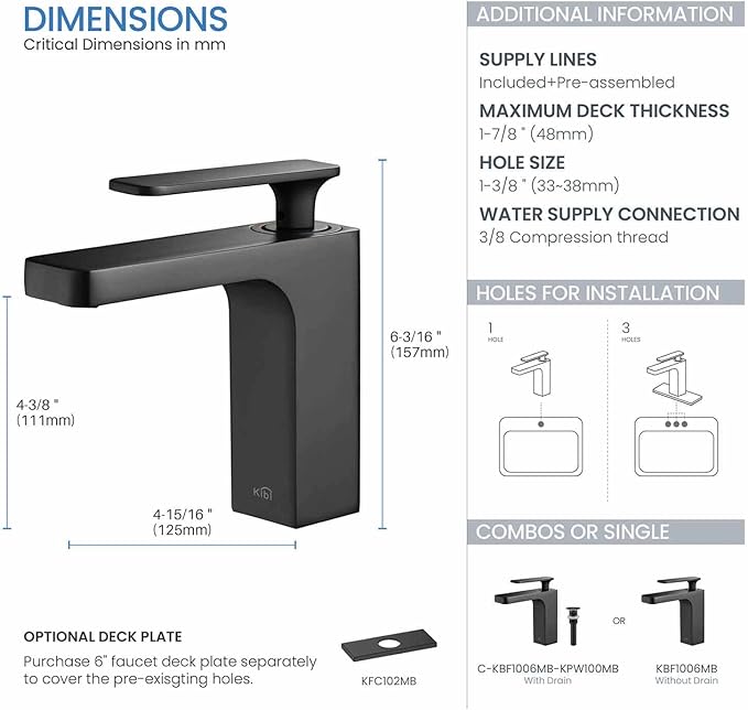 KIBI Infinity Single Handle Bathroom Vanity Sink Faucet | Solid Brass Lavatory Faucet with High Arc Spout for Smooth Water Flow | Includes Water Hose for Easy Installation (Matte Black, KBF1006)