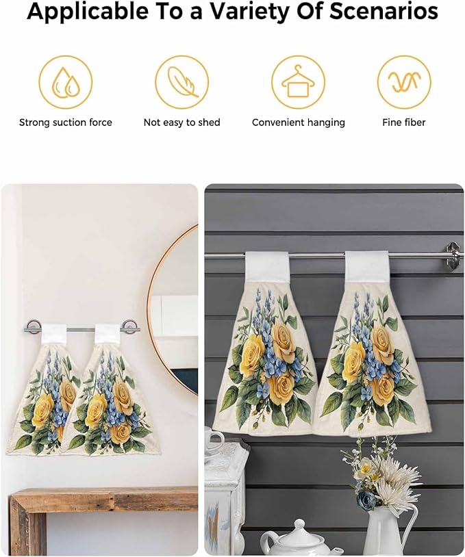 Alandar Home Kitchen Tie Towel Set of 2, Watercolor Blue Yellow Roses Absorbent Soft Hand Towels for Bathroom Hanging Towels, Vintage Country Floral Fast Drying Cleaning Cloth with Loop
