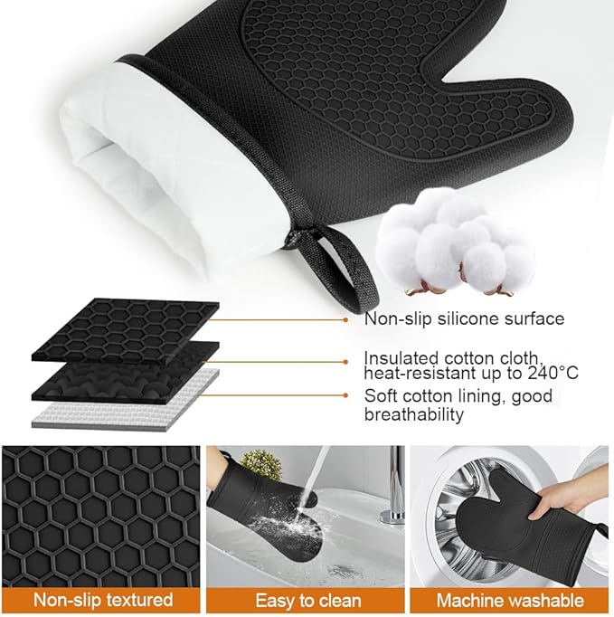 AUAUY Oven Mitts with 2 Potholders, Silicone Oven Gloves Heat Resistant 464°F, Non-Slip Silicone BBQ Gloves, Waterproof Cooking Gloves, Oven Gloves for Barbecue Kitchen Baking Microwave, Black
