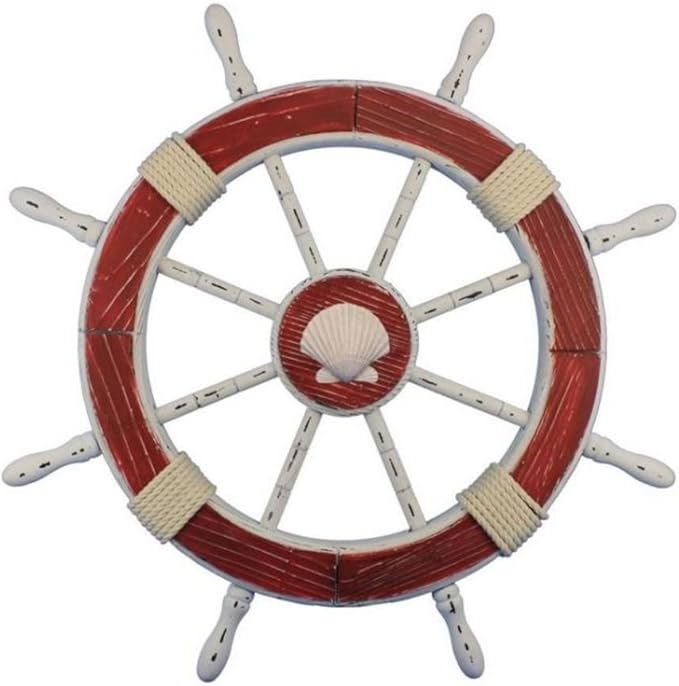 Hampton Nautical Wheel-30-111-seashell Wooden Rustic Decorative Ship Wheel with Seashell, 30", Red/White