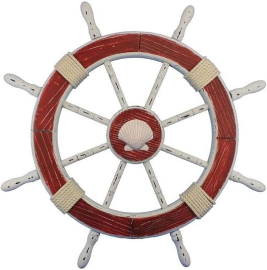 Hampton Nautical Wheel-30-111-seashell Wooden Rustic Decorative Ship Wheel with Seashell, 30", Red/White