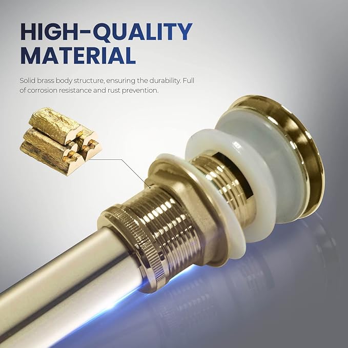KIBI Bathroom Sink Pop-Up Drain with Overflow (Full Cover) | Lavatory Vanity Drain Stopper | Durable Leak-Proof Sink Drain for Bathroom, Kitchen, and Lavatories | Brushed Gold, KPW102