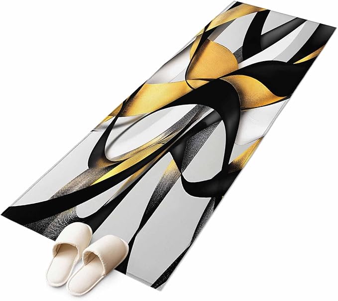 Runner Rug for Bedroom Hallway, Modern Geometric Stripe Texture Kitchen Runner Rugs Area Rug 2x6ft, Abstract Gold Black White Line Washable Soft Floor Carpet for Entryway Stair