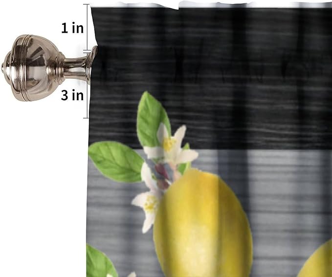 Lemon Fruit Kitchen Curtain Valance, Yellow Fruits Blessed Black Grey Wooden Farmhouse Rod Pocket Short Window Treatment for Dining Bedroom Living Room Cafe Home Decor, 54x18Inch