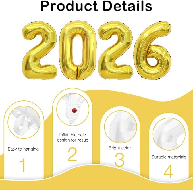 2026 Balloons, 2026 Number Balloons, 2026 Gold Balloon, Foil Graduation Balloon for 2026 Graduation Decorations Class of 2026 New Year Anniversary Birthday Home Office Party Supplies Decor, 16 Inch
