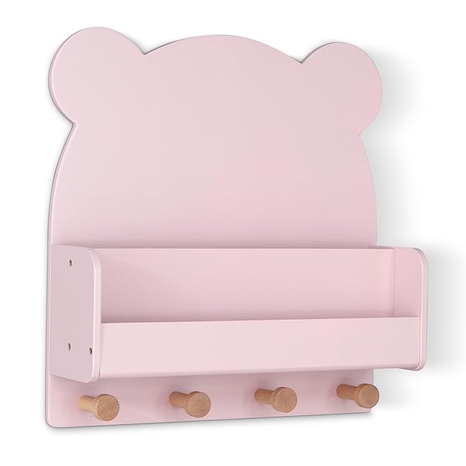 babyGap by Delta Children Brannan Bear Wall Shelf with 4 Hooks, Blush