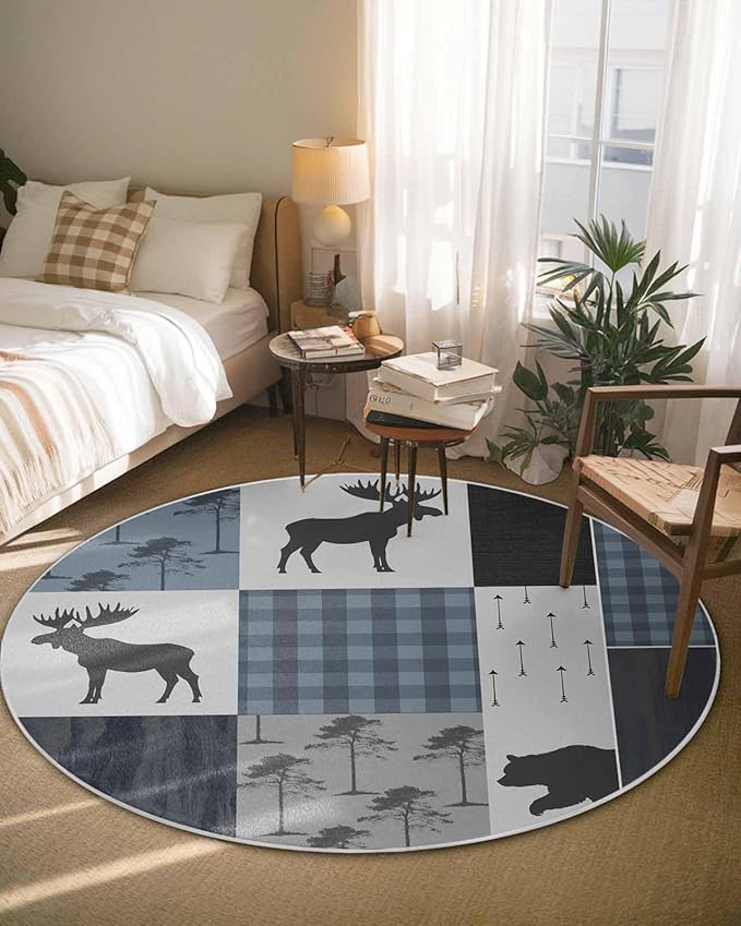 Round Area Rug,Elk Bear Jungle Animal Shadow Circle Living Room Rug Non-Slip Rugs Indoor Carpet,Retro Blue Plaid Soft Comfort Rugs for Bedroom KidsRoom Nursery