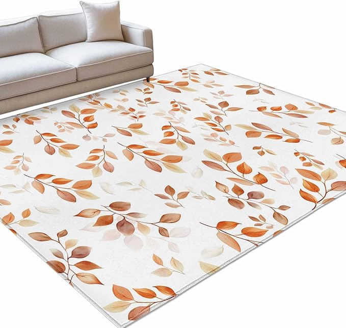 Area Rug 4x6ft, Autumn Orange Leaf Botanical Washable Rugs for Living Room Bedroom, Abstract Vine Pattern Soft Non-Slip Area Rugs Rectangle Floor Carpet for Dining Room