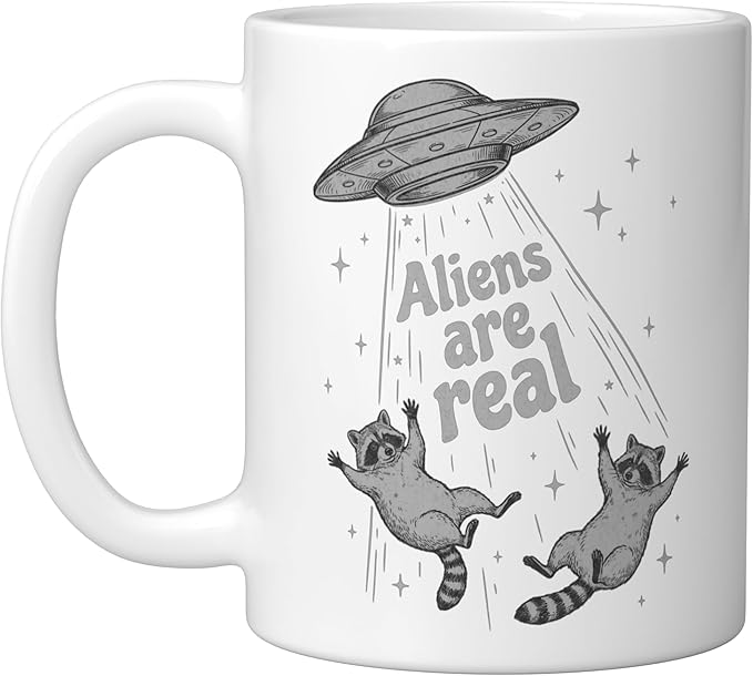Aliens Are Real UFO Raccoon Abduction Ironic Meme Ceramic Mug, White