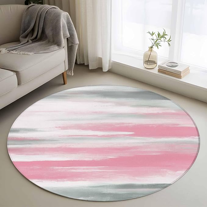 Washable Round Area Rug Pink Grey Mottled Texture Seamless Circle Rugs Floor Carpet for Living Room Bedroom, Gradient Abstract Art Soft Non Slip Round Rug 4ft