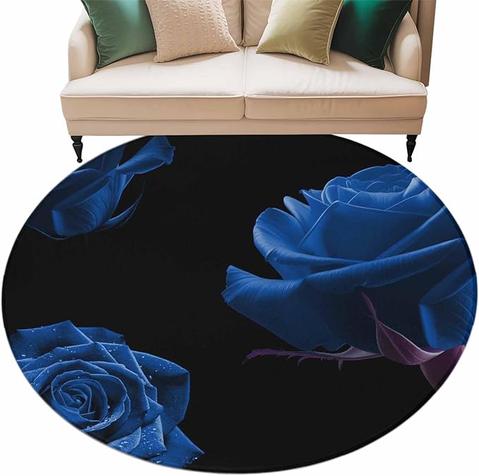 Washable Round Area Rug Abstract Garden Blue Rose Circle Rugs Floor Carpet for Living Room Bedroom, Classic Country Floral Soft Non Slip Round Rug 5ft