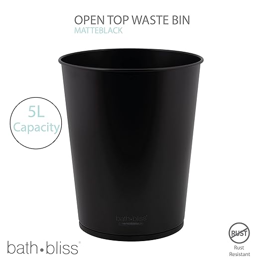 Bath Bliss 5 Liter Small Wastebasket | Round Open Top | Trash Can | Bathroom | Bedroom | Kitchen | Office | Dorm | Disposal Waste Bin | Garbage | Matte Black